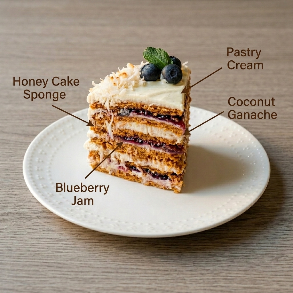 A slice of blueberry honey cake showing the layers