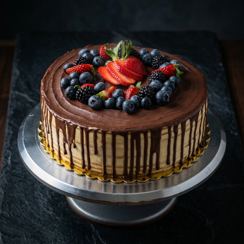Honey cake covered in chocolate ganache with fresh berries